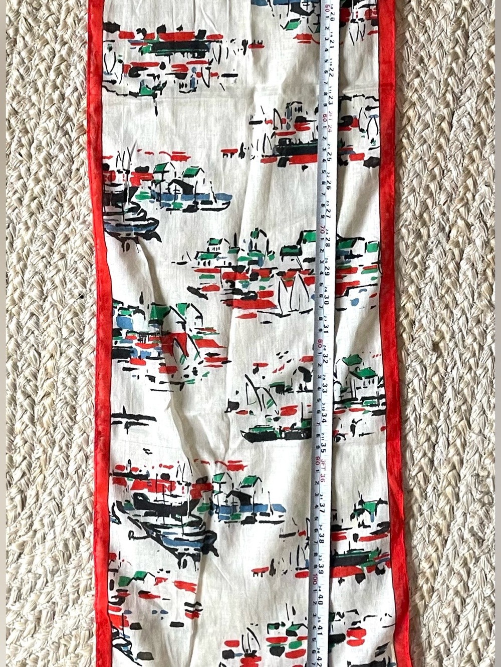 Vintage Harbor Print Lightweight Scarf Red Trim Coastal Chic - Picture 3 of 4